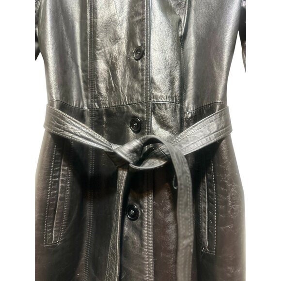 Avanti Leather Long Trench Coat Womens Medium Black Waist belt Matrix Grunge 70s - Picture 14 of 16